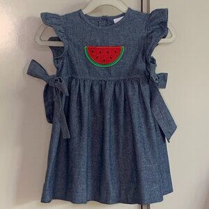 Stitchy Fish Watermelon Chambray Dress 2T Blue Summer Flutter Sleeve